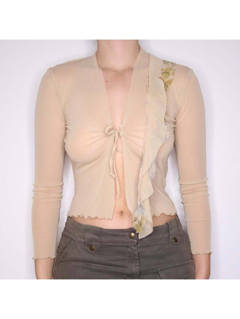 Y2K Italian Designer Beige Mesh Tie Up Top (M)
